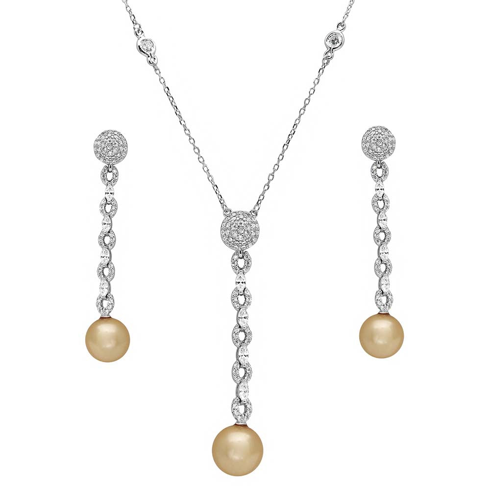 Sterling Silver Rhodium Plated CZ Drop Pearl Set With CZ  Stones