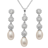 Sterling Silver Rhodium Plated Drop CZ and Fresh Water Pearl Set With CZ  Stones