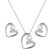 Load image into Gallery viewer, Sterling Silver Rhodium Plated Open Heart Pearl Earring and Pendant Set