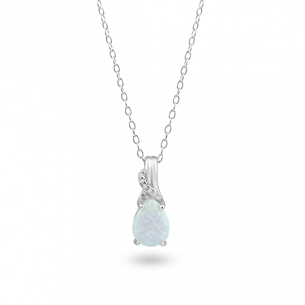 Sterling Silver Rhodium Plated Teardrop Opal And Clear CZ Earring And Pendant Set