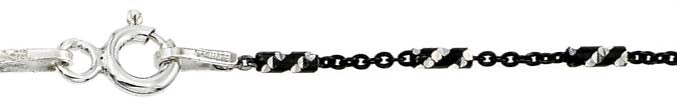 Italian Sterling Silver Black Rhodium Plated Diamond Cut Black and White Tube Spiral Chain 030 1.4mm with Spring Clasp Closure
