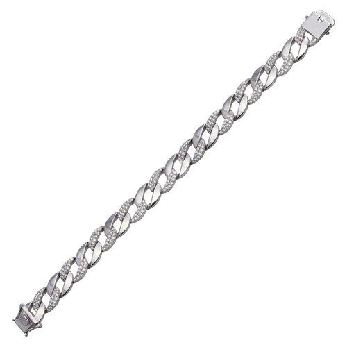 Sterling Silver Rhodium Plated Alternate CZ Round Curb Link Hip Hop Bracelet