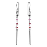Sterling Silver Rhodium Plated Three Dark Red Bead With Matte Bar Dangling Earrings