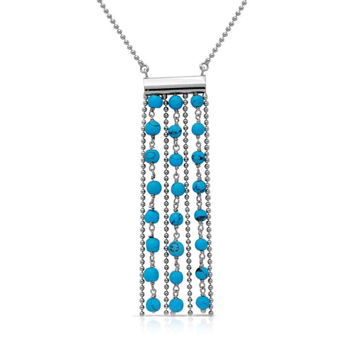 Sterling Silver Rhodium Plated Bead Chain Necklace with Dropped Turquoise Beads Necklace