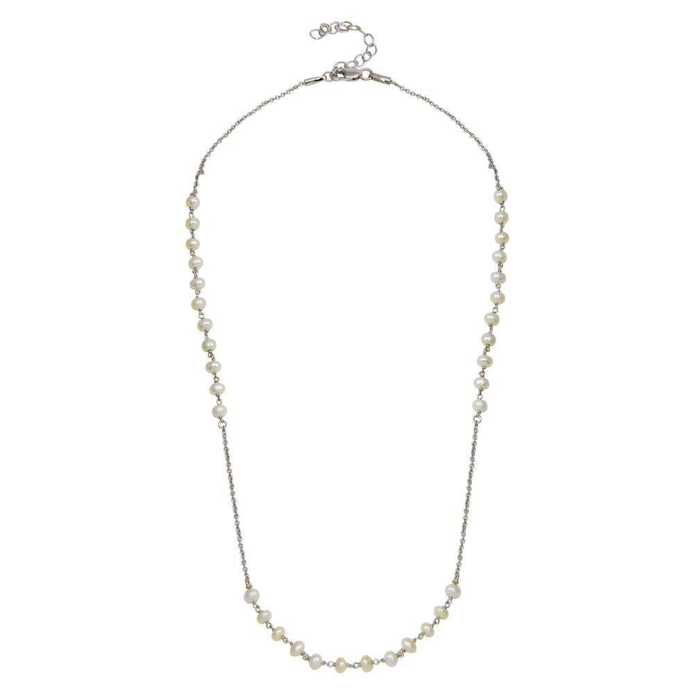Sterling Silver Rhodium Plated Synthetic Pearl Beads Necklace