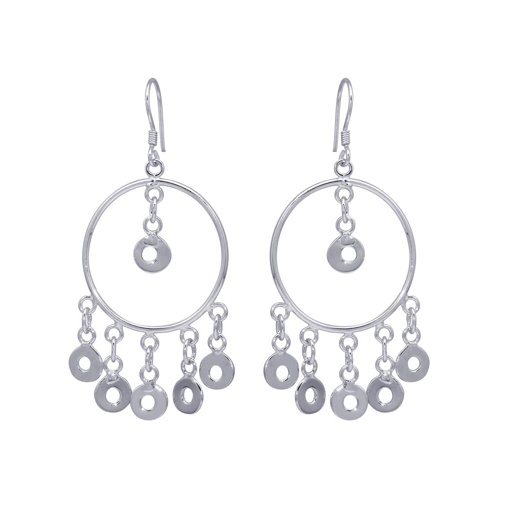 Sterling Silver  Rhodium Plated Multiple Open Black Circles Dangling Chandelier Hook Earrings