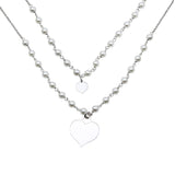 Sterling Silver Rhodium Plated Double Chain Synthetic Pearl and Heart Pendant Necklace