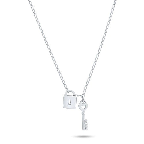 Sterling Silver Rhodium Plated Love Key And Heart Lock Necklace