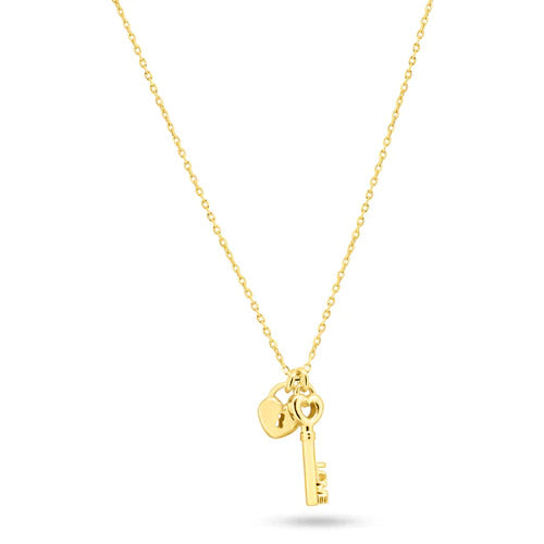 Sterling Silver Gold Plated Small Love Key And Heart Lock Necklace