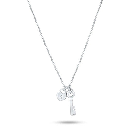 Sterling Silver Rhodium Plated Small Love Key And Heart Lock Necklace