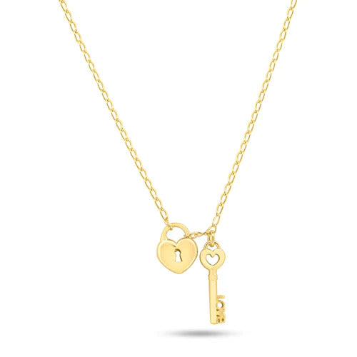 Sterling Silver Gold Plated Medium Love Key And Heart Lock Necklace