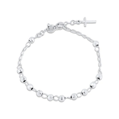 Sterling Silver Rhodium Plated Diamond Cut Bead Cross Rosary Bracelet