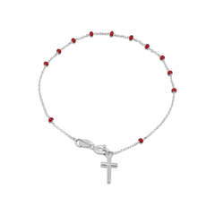 Sterling Silver Rhodium Plated Red Bead Rosary Bracelet
