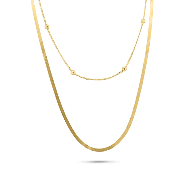 Sterling Silver Gold Plated Herringbone and Curb Beaded Dual Strand Adjustable Necklace