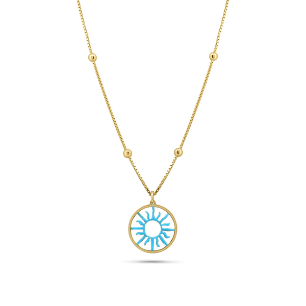 Sterling Silver Gold Plated Turquoise Sun Charm Box Beaded Adjustable Necklace
