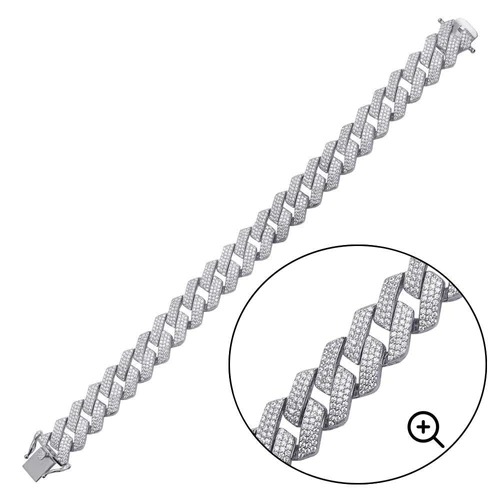 Sterling Silver Rhodium Plated CZ Encrusted Square Miami Cuban Link Bracelet Length-8inches, Weight-29.8grams, Width-13.0mm