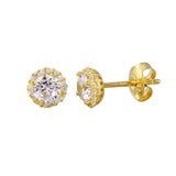 Sterling Silver Gold Plated CZ Halo Stud Earrings