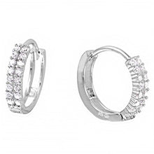 Load image into Gallery viewer, Sterling Silver Rhodium Plated Hinged Clear Cz Huggie Hoop Earring with Earring Dimensions of 14MMx3MM