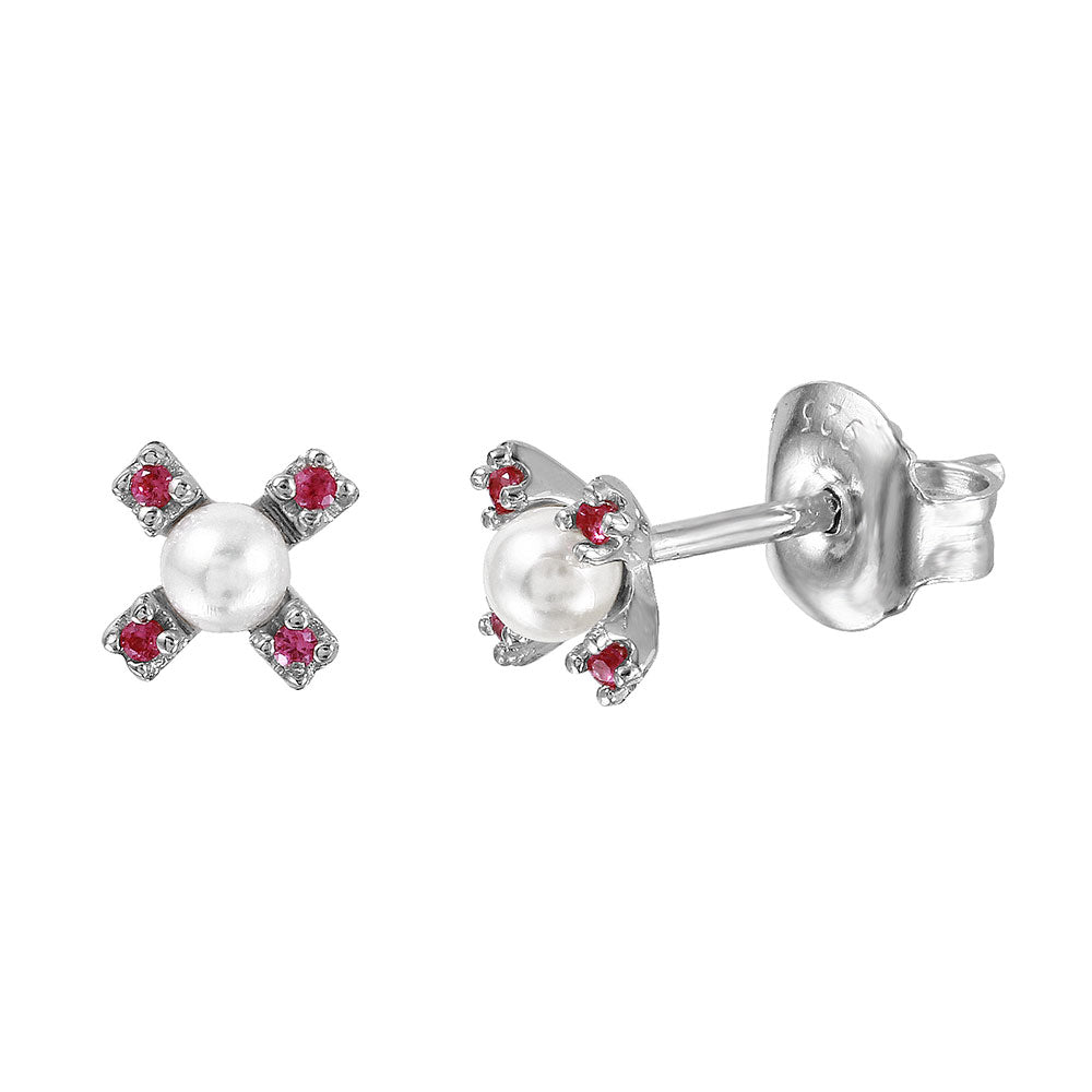 Sterling Silver Rhodium Plated Red CZ Flower Studs With Synthetic Pearl