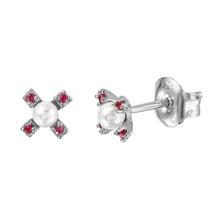 Load image into Gallery viewer, Sterling Silver Rhodium Plated Red CZ Flower Studs With Synthetic Pearl