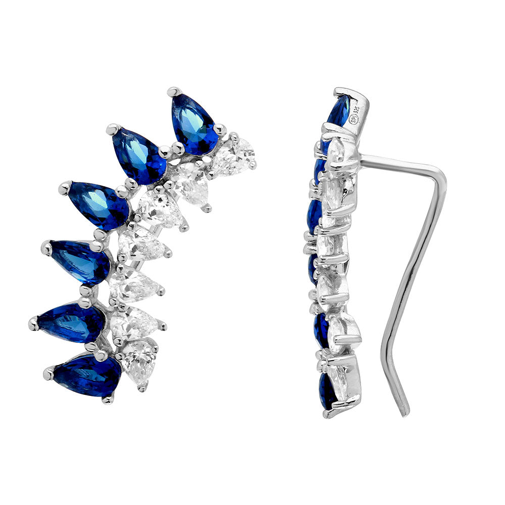 Sterling Silver Rhodium Plated Pear Shape Clear And Blue CZ Climbing Earrings