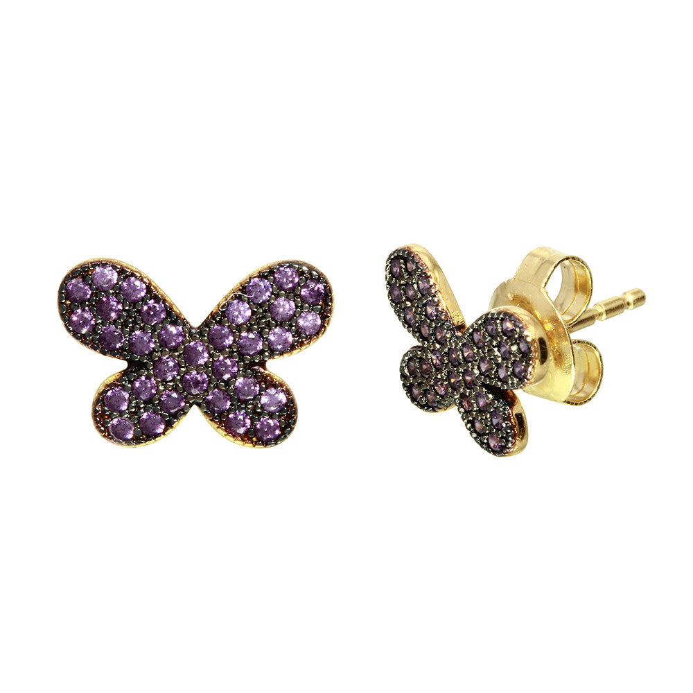 Sterling Silver Gold Plated Butterfly Studs Earrings With Purple CZ Stones