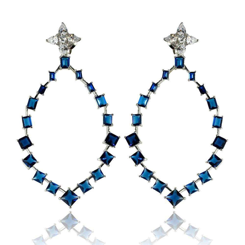 Sterling Silver Rhodium Plated Dangling Teardrop Earrings With Blue And Clear CZ