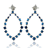 Sterling Silver Rhodium Plated Dangling Teardrop Earrings With Blue And Clear CZ