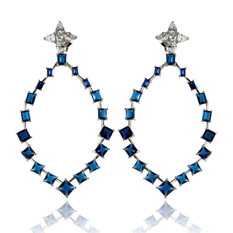 Sterling Silver Rhodium Plated Dangling Teardrop Earrings With Blue And Clear CZ