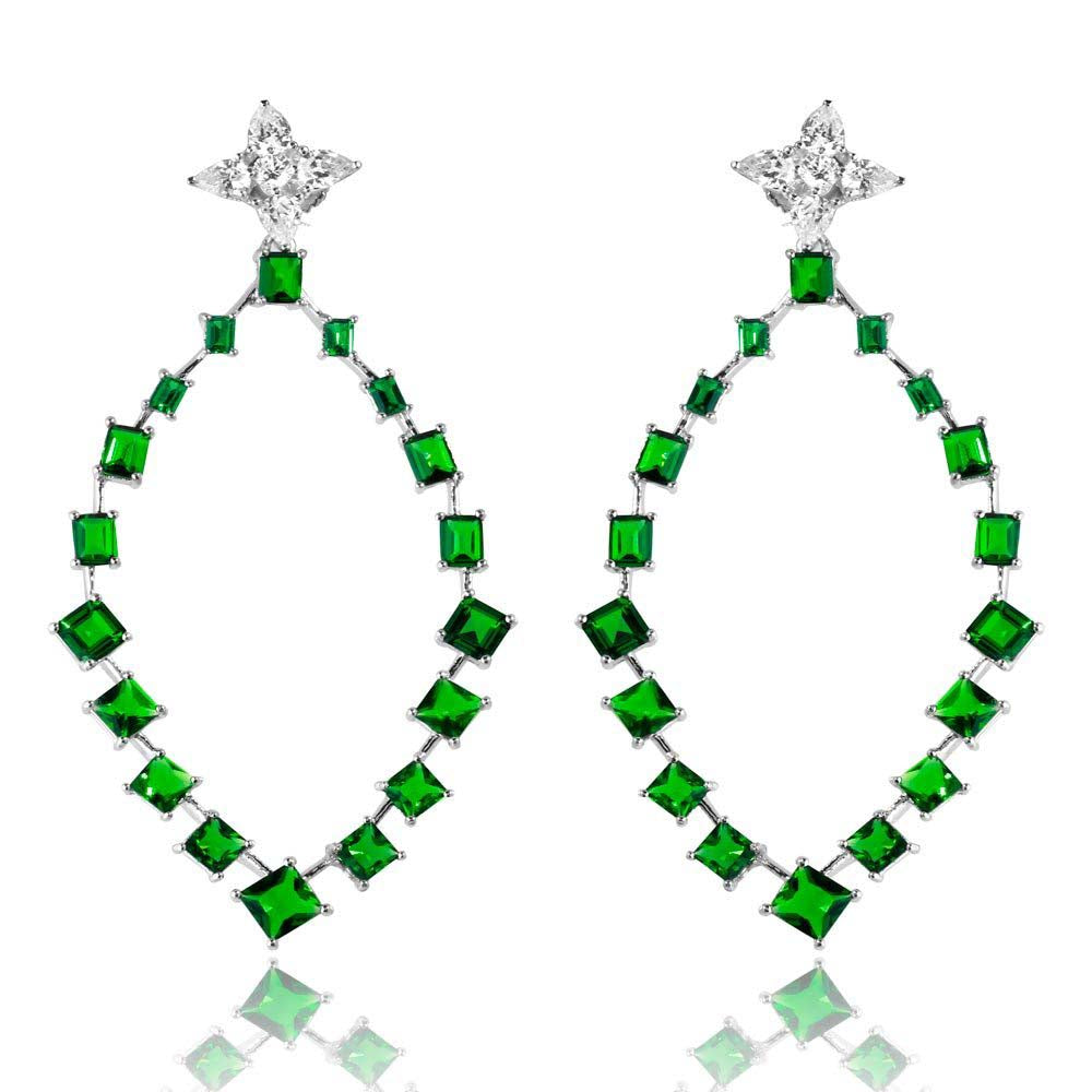 Sterling Silver Rhodium Plated Dangling Teardrop Earrings With Green And Clear CZ