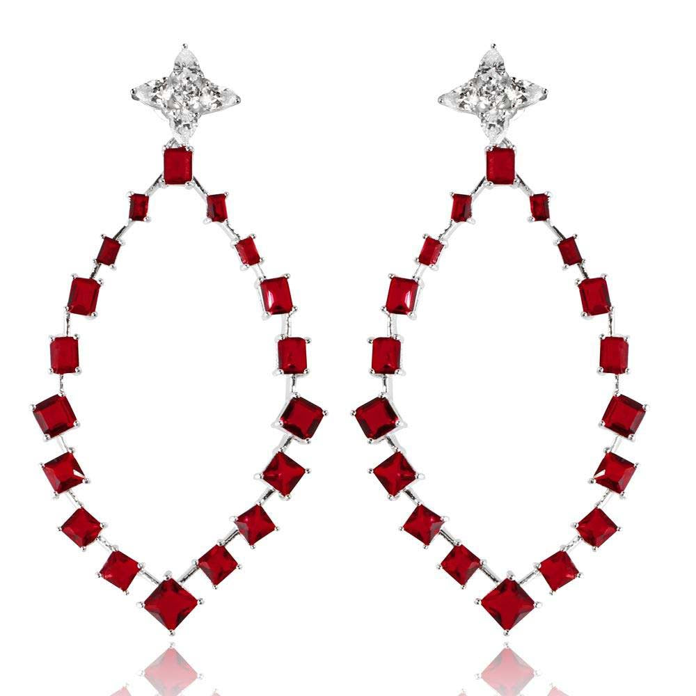 Sterling Silver Rhodium Plated Dangling Teardrop Earrings With Red And Clear CZ