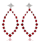 Sterling Silver Rhodium Plated Dangling Teardrop Earrings With Red And Clear CZ