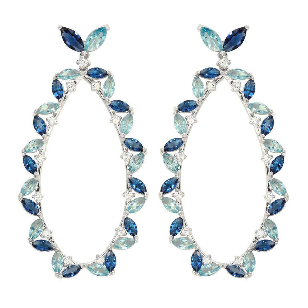 Sterling Silver Rhodium Plated Hanging Oval Shaped Earrings With Blue And Clear CZ