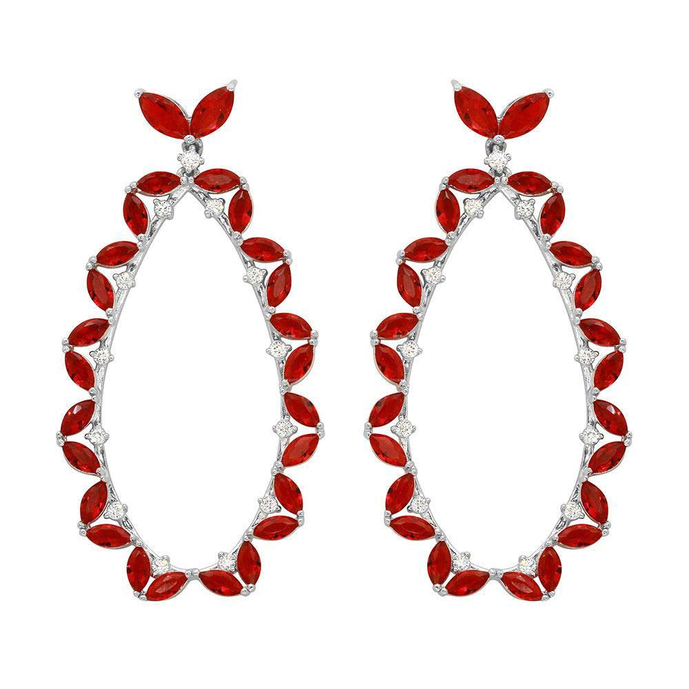 Sterling Silver Rhodium Plated Hanging Oval Shaped Earrings With Red And Clear CZ