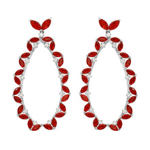Load image into Gallery viewer, Sterling Silver Rhodium Plated Hanging Oval Shaped Earrings With Red And Clear CZ