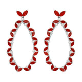 Sterling Silver Rhodium Plated Hanging Oval Shaped Earrings With Red And Clear CZ