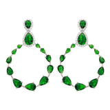 Sterling Silver Rhodium Plated Teardrop With Open Hanging Graduated Earrings With Green And Clear CZ