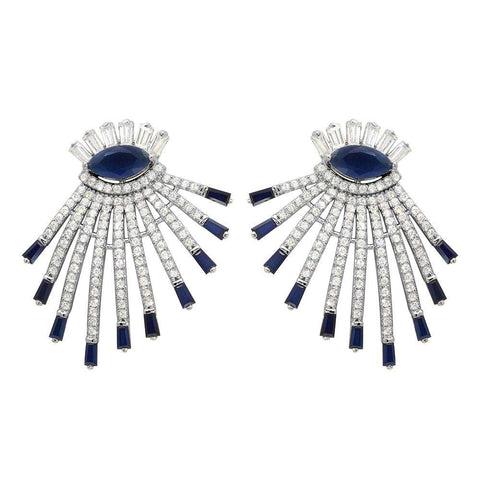 Sterling Silver Rhodium Plated Drop Earrings With Blue And Clear CZ