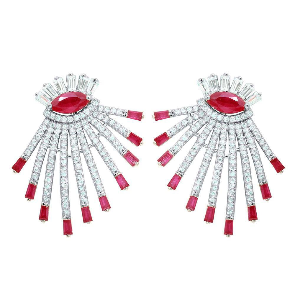 Sterling Silver Rhodium Plated Drop Earrings With Red And Clear CZ