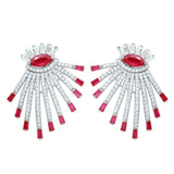 Sterling Silver Rhodium Plated Drop Earrings With Red And Clear CZ