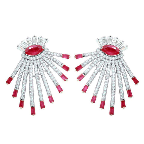 Sterling Silver Rhodium Plated Drop Earrings With Red And Clear CZ