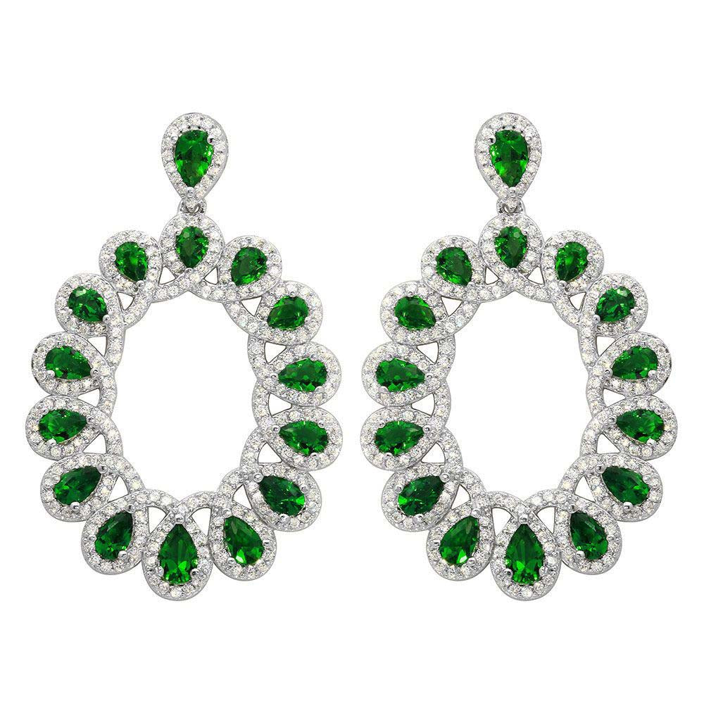 Sterling Silver Rhodium Plated Open Oval Shaped Hanging Earrings With Green And Clear CZ