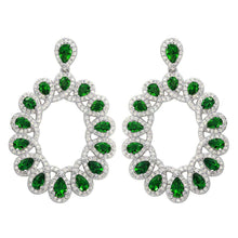 Load image into Gallery viewer, Sterling Silver Rhodium Plated Open Oval Shaped Hanging Earrings With Green And Clear CZ