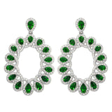 Sterling Silver Rhodium Plated Open Oval Shaped Hanging Earrings With Green And Clear CZ