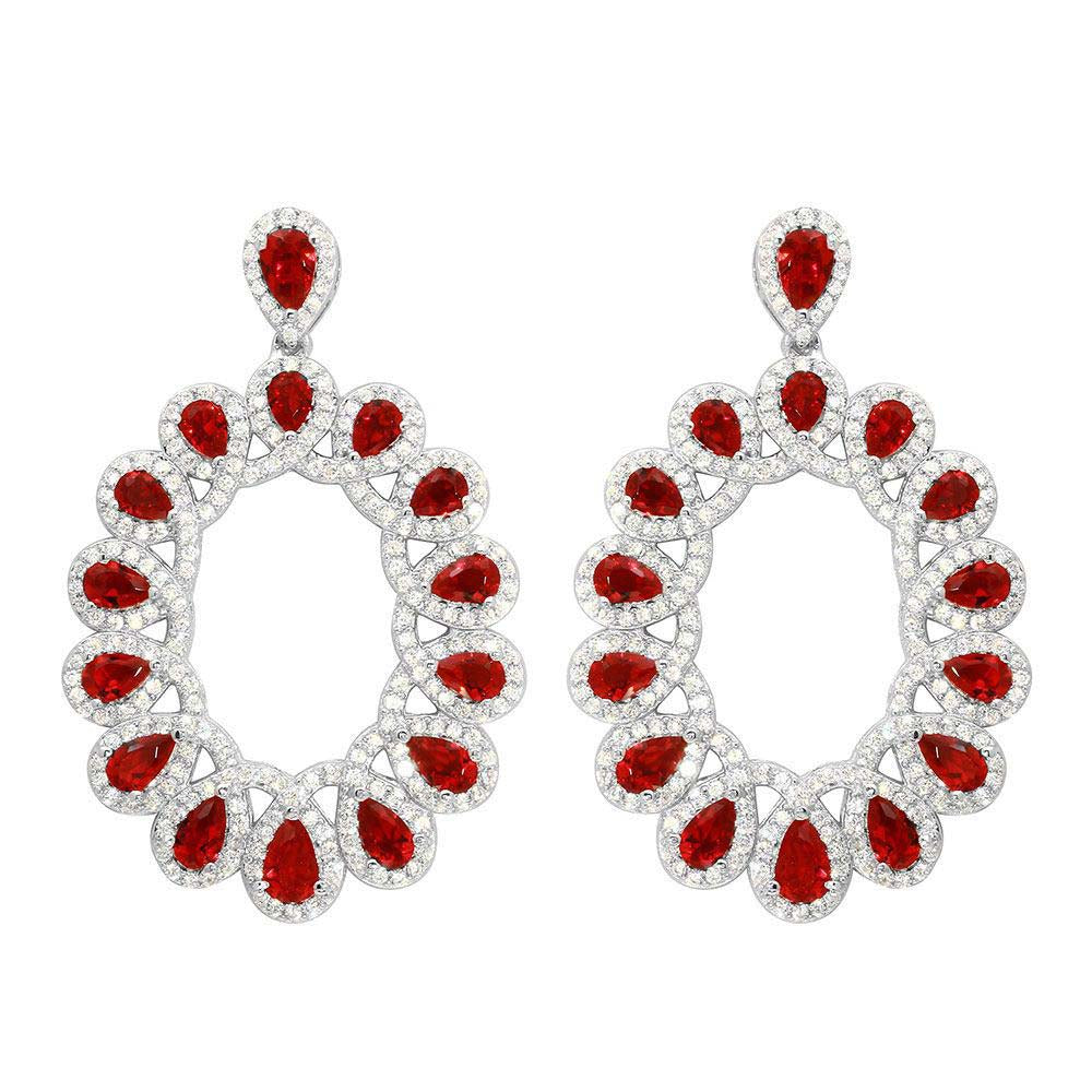 Sterling Silver Rhodium Plated Open Oval Shaped Hanging Earrings With Red And Clear CZ