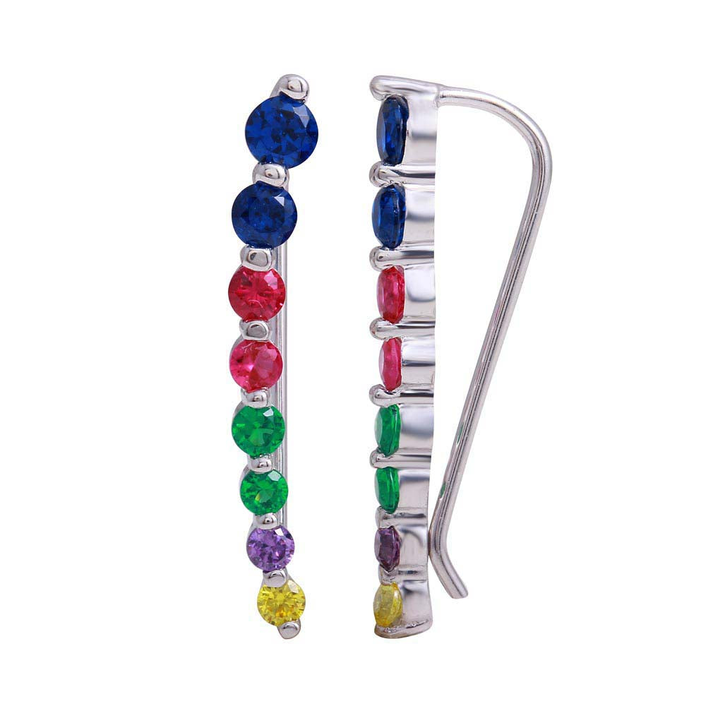 Sterling Silver Rhodium Plated Round Multi-Colored CZ Stone Climbing Earrings