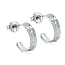 Load image into Gallery viewer, Sterling Silver Rhodium Plated Diamond Cut Semi Hoop Stud Earrings