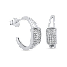 Load image into Gallery viewer, Sterling Silver Rhodium Plated Square Center Encrusted CZ Semi Hoop Stud Earrings