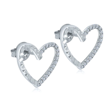 Load image into Gallery viewer, Sterling Silver Rhodium Plated Diamond Cut Clear CZ Heart Stud Earrings