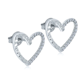Sterling Silver Rhodium Plated Diamond Cut Clear CZ Heart Stud Earrings